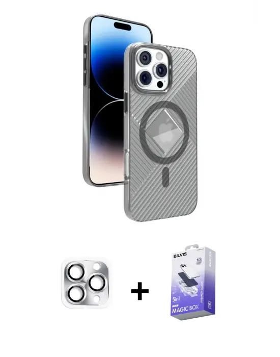 ieg™ iPhone 16 Pro Max Kılıf Nova Modern Prime - Siyah Bilvis 5in1 5D Magic Hayalet Cam Ekran Koruyucu + Pers Alüminyum Kamera Lens - GS