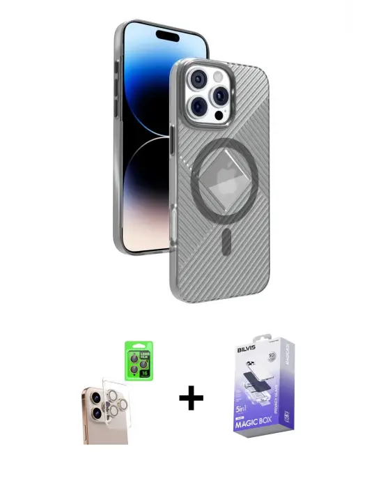 ieg™ iPhone 16 Pro Max Kılıf Nova Modern Prime - Siyah Bilvis 5in1 5D Magic Hayalet Cam Ekran Koruyucu + Raze Metal Kamera Lens - NLGY