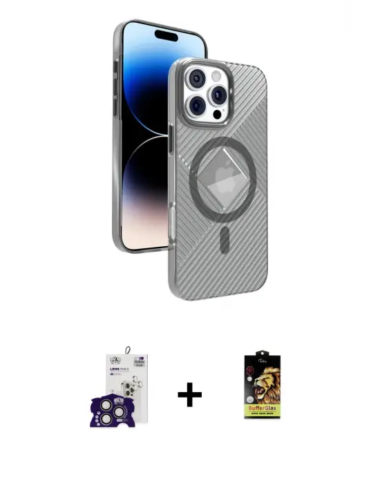ieg™ iPhone 16 Pro Max Kılıf Nova Modern Prime - Siyah Buffer Cam Ekran Koruyucu + Bilvis Titan Kamera Lens - TMGI