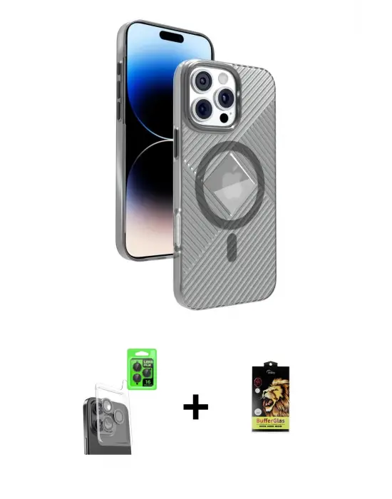 ieg™ iPhone 16 Pro Max Kılıf Nova Modern Prime - Siyah Buffer Cam Ekran Koruyucu + Raze Metal Kamera Lens - SH