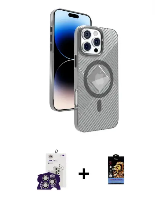 ieg™ iPhone 16 Pro Max Kılıf Nova Modern Prime - Siyah Buffer Hayalet Cam Ekran Koruyucu + Bilvis Titan Kamera Lens - GS