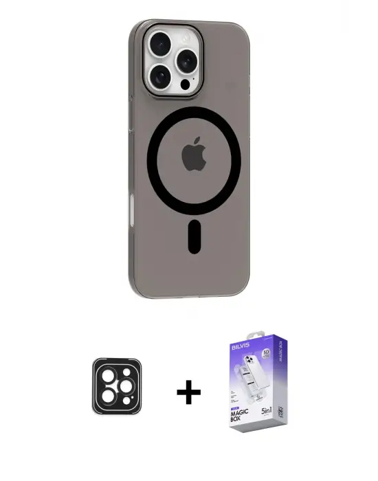 ieg™ iPhone 16 Pro Max Kılıf Pusula Form Özel Seri - Siyah Bilvis 5in1 3D Magic Cam Ekran Koruyucu + PVD Metal Kamera Lens - SH