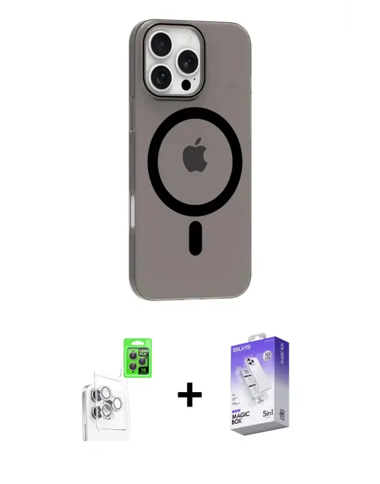 ieg™ iPhone 16 Pro Max Kılıf Pusula Form Özel Seri - Siyah Bilvis 5in1 3D Magic Cam Ekran Koruyucu + Raze Metal Kamera Lens - BZ