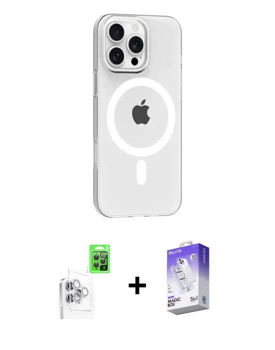 ieg™ iPhone 16 Pro Max Kılıf Pusula Form Özel Seri - Siyah Bilvis 5in1 3D Magic Cam Ekran Koruyucu + Raze Metal Kamera Lens - BZ