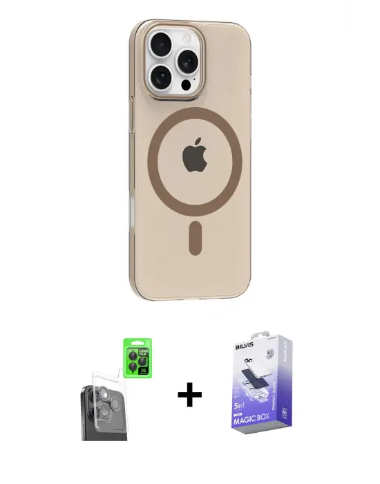 ieg™ iPhone 16 Pro Max Kılıf Pusula Form Özel Seri - Siyah Bilvis 5in1 5D Magic Hayalet Cam Ekran Koruyucu + Raze Metal Kamera Lens - SH