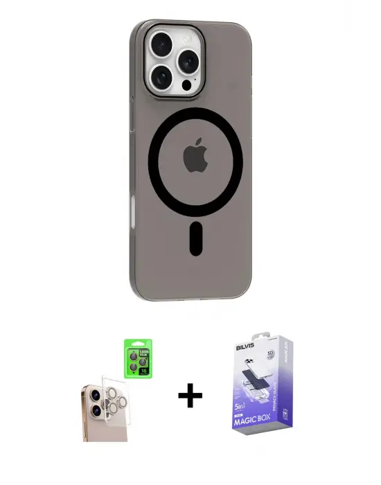 ieg™ iPhone 16 Pro Max Kılıf Pusula Form Özel Seri - Siyah Bilvis 5in1 5D Magic Hayalet Cam Ekran Koruyucu + Raze Metal Kamera Lens - NLGY