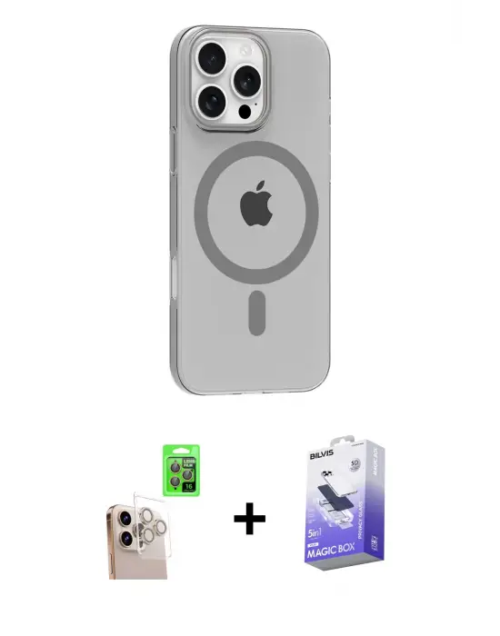 ieg™ iPhone 16 Pro Max Kılıf Pusula Form Özel Seri - Siyah Bilvis 5in1 5D Magic Hayalet Cam Ekran Koruyucu + Raze Metal Kamera Lens - NLGY
