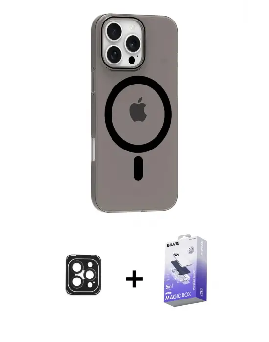 ieg™ iPhone 16 Pro Max Kılıf Pusula Form Özel Seri - Siyah Bilvis 5in1 5D Magic Hayalet Cam Ekran Koruyucu + PVD Metal Kamera Lens - SH