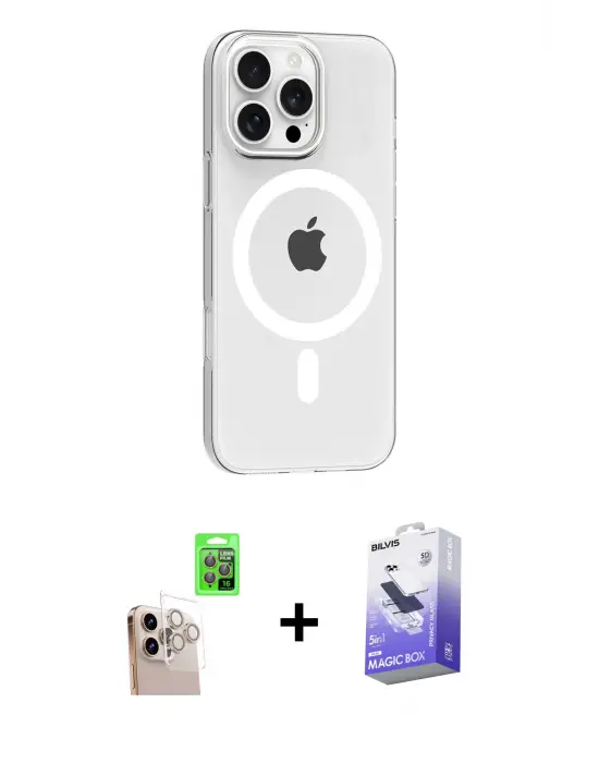 ieg™ iPhone 16 Pro Max Kılıf Pusula Form Özel Seri - Siyah Bilvis 5in1 5D Magic Hayalet Cam Ekran Koruyucu + Raze Metal Kamera Lens - NLGY
