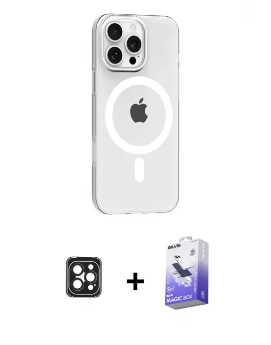 ieg™ iPhone 16 Pro Max Kılıf Pusula Form Özel Seri - Siyah Bilvis 5in1 5D Magic Hayalet Cam Ekran Koruyucu + PVD Metal Kamera Lens - SH