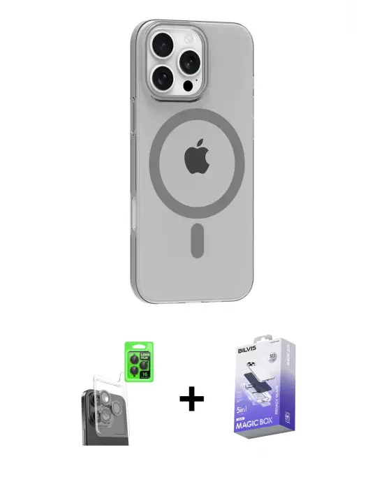 ieg™ iPhone 16 Pro Max Kılıf Pusula Form Özel Seri - Siyah Bilvis 5in1 5D Magic Hayalet Cam Ekran Koruyucu + Raze Metal Kamera Lens - SH
