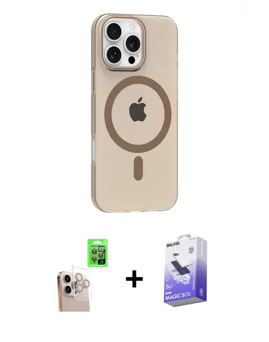 ieg™ iPhone 16 Pro Max Kılıf Pusula Form Özel Seri - Siyah Bilvis 5in1 5D Magic Hayalet Cam Ekran Koruyucu + Raze Metal Kamera Lens - NLGY