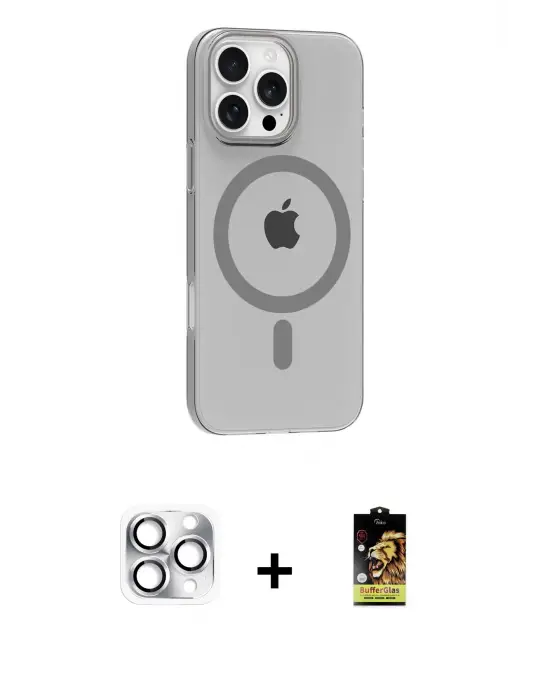 ieg™ iPhone 16 Pro Max Kılıf Pusula Form Özel Seri - Siyah Buffer Cam Ekran Koruyucu + Pers Alüminyum Kamera Lens - GS
