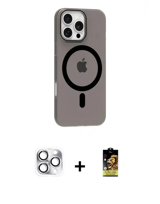 ieg™ iPhone 16 Pro Max Kılıf Pusula Form Özel Seri - Siyah Buffer Cam Ekran Koruyucu + Pers Alüminyum Kamera Lens - GS