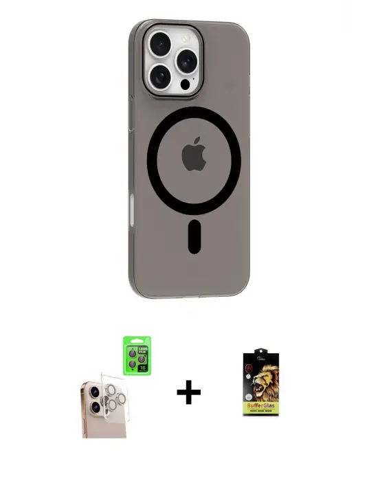 ieg™ iPhone 16 Pro Max Kılıf Pusula Form Özel Seri - Siyah Buffer Cam Ekran Koruyucu + Raze Metal Kamera Lens - NLGY