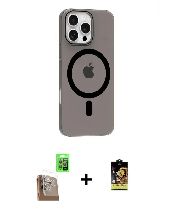 ieg™ iPhone 16 Pro Max Kılıf Pusula Form Özel Seri - Siyah Buffer Cam Ekran Koruyucu + Raze Metal Kamera Lens - CLTM