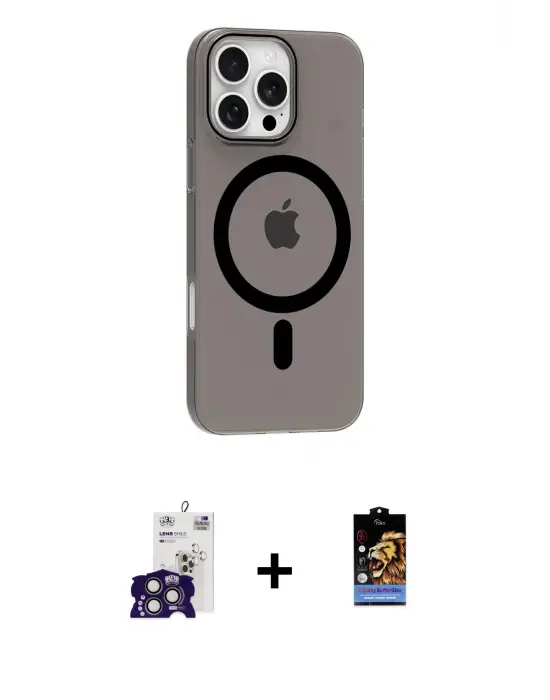 ieg™ iPhone 16 Pro Max Kılıf Pusula Form Özel Seri - Siyah Buffer Hayalet Cam Ekran Koruyucu + Bilvis Titan Kamera Lens - TMGI