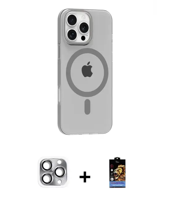 ieg™ iPhone 16 Pro Max Kılıf Pusula Form Özel Seri - Siyah Buffer Hayalet Cam Ekran Koruyucu + Pers Alüminyum Kamera Lens - GI