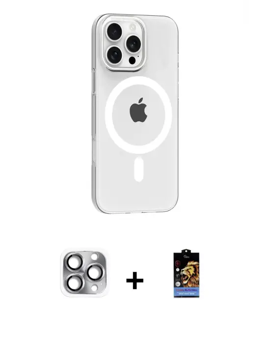 ieg™ iPhone 16 Pro Max Kılıf Pusula Form Özel Seri - Siyah Buffer Hayalet Cam Ekran Koruyucu + Pers Alüminyum Kamera Lens - GI