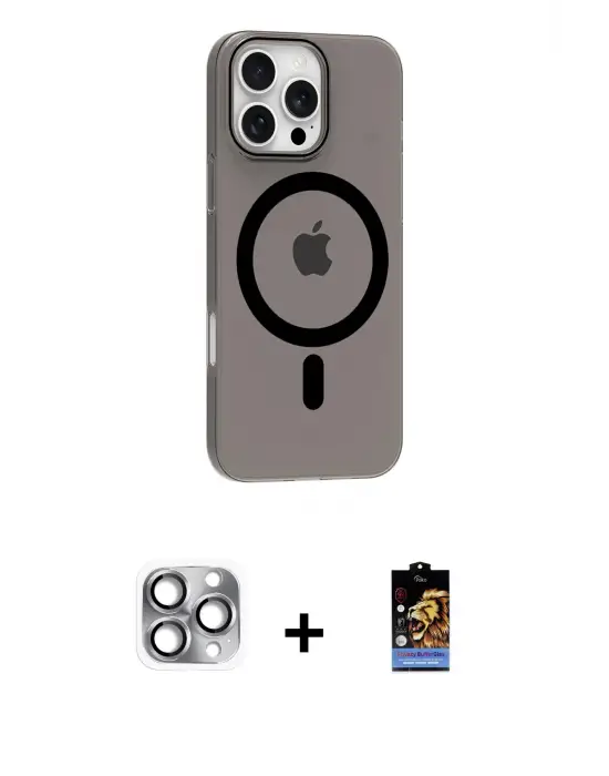 ieg™ iPhone 16 Pro Max Kılıf Pusula Form Özel Seri - Siyah Buffer Hayalet Cam Ekran Koruyucu + Pers Alüminyum Kamera Lens - GI
