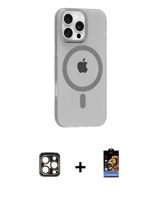 ieg™ iPhone 16 Pro Max Kılıf Pusula Form Özel Seri - Siyah Buffer Hayalet Cam Ekran Koruyucu + PVD Metal Kamera Lens - GD