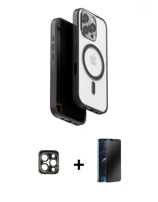 ieg™ iPhone 16 Pro Max Kılıf Pusula Form Serisi - Siyah 3D Antistatik Hayalet Cam Ekran Koruyucu + PVD Metal Kamera Lens - GD
