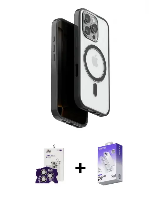ieg™ iPhone 16 Pro Max Kılıf Pusula Form Serisi - Siyah Bilvis 5in1 3D Magic Cam Ekran Koruyucu + Bilvis Titan Kamera Lens - GS