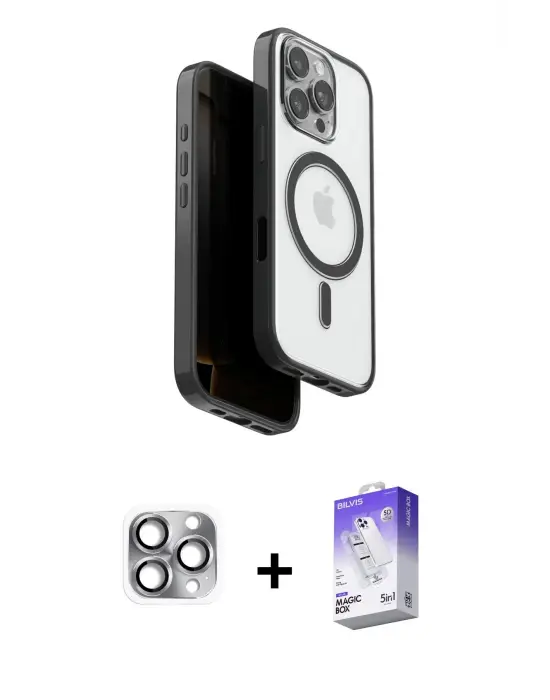 ieg™ iPhone 16 Pro Max Kılıf Pusula Form Serisi - Siyah Bilvis 5in1 3D Magic Cam Ekran Koruyucu + Pers Alüminyum Kamera Lens - GI
