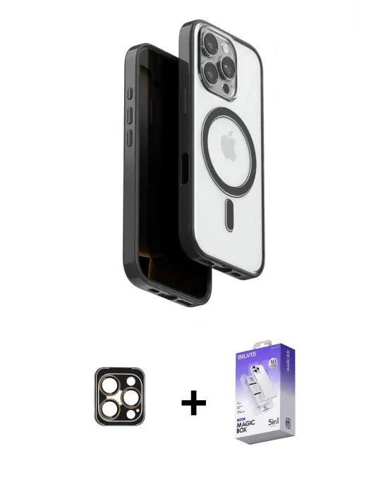 ieg™ iPhone 16 Pro Max Kılıf Pusula Form Serisi - Siyah Bilvis 5in1 3D Magic Cam Ekran Koruyucu + PVD Metal Kamera Lens - GD