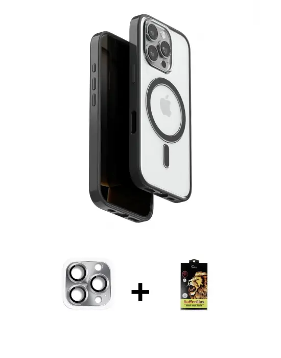 ieg™ iPhone 16 Pro Max Kılıf Pusula Form Serisi - Siyah Buffer Cam Ekran Koruyucu + Pers Alüminyum Kamera Lens - GI