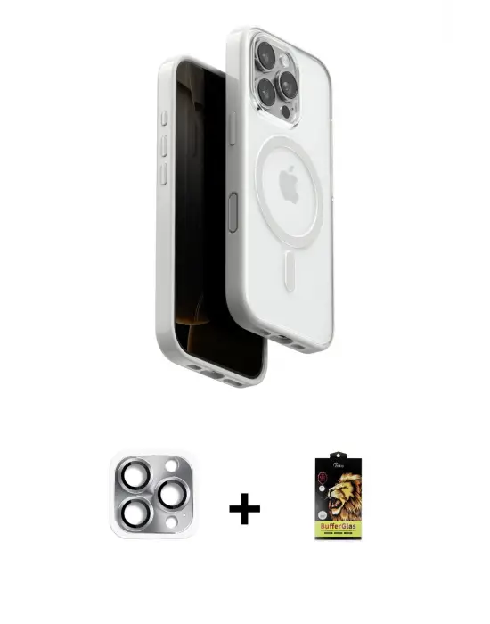 ieg™ iPhone 16 Pro Max Kılıf Pusula Form Serisi - Siyah Buffer Cam Ekran Koruyucu + Pers Alüminyum Kamera Lens - GI