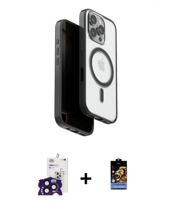 ieg™ iPhone 16 Pro Max Kılıf Pusula Form Serisi - Siyah Buffer Hayalet Cam Ekran Koruyucu + Bilvis Titan Kamera Lens - SH