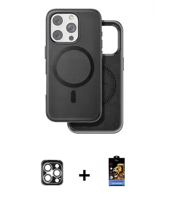 ieg™ iPhone 16 Pro Max Kılıf Pusula Işık Koleksiyonu - Siyah Buffer Hayalet Cam Ekran Koruyucu + PVD Metal Kamera Lens - GS