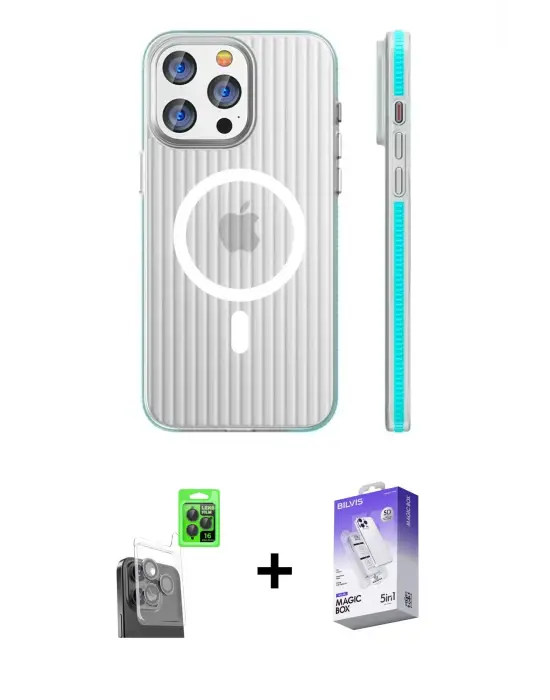 ieg™ iPhone 16 Pro Max Kılıf Pusula Minimal Koleksiyonu - Siyah Bilvis 5in1 3D Magic Cam Ekran Koruyucu + Raze Metal Kamera Lens - SH