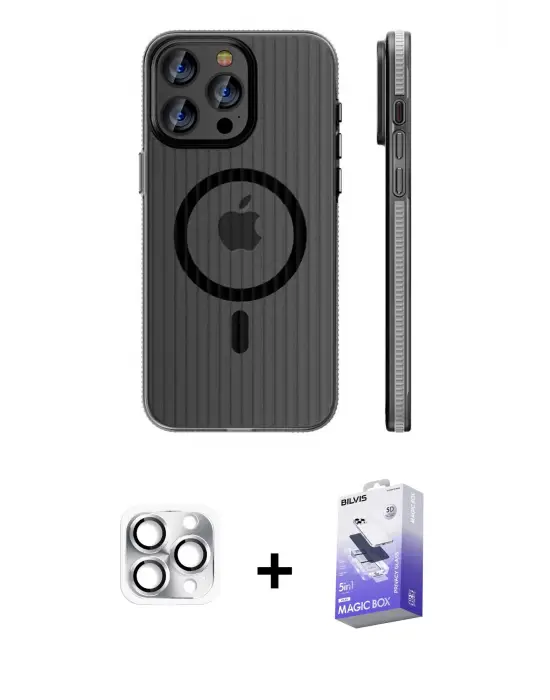 ieg™ iPhone 16 Pro Max Kılıf Pusula Minimal Koleksiyonu - Siyah Bilvis 5in1 5D Magic Hayalet Cam Ekran Koruyucu + Pers Alüminyum Kamera Lens - GS