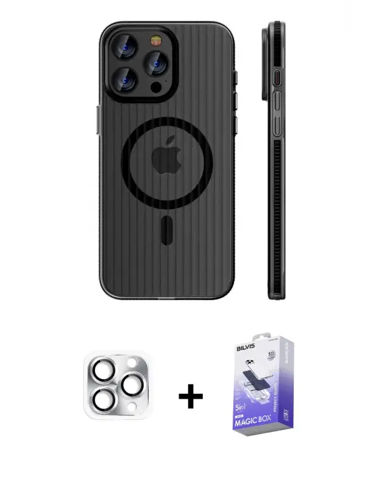 ieg™ iPhone 16 Pro Max Kılıf Pusula Minimal Koleksiyonu - Siyah Bilvis 5in1 5D Magic Hayalet Cam Ekran Koruyucu + Pers Alüminyum Kamera Lens - GS