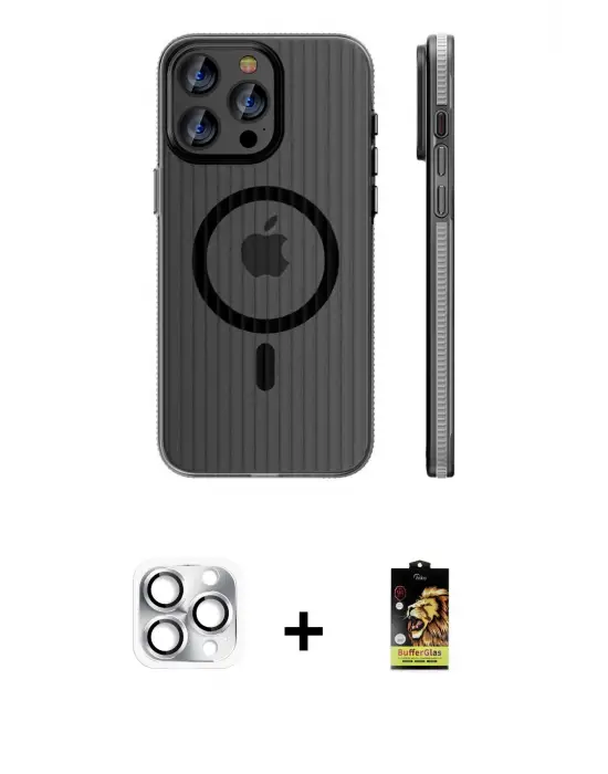 ieg™ iPhone 16 Pro Max Kılıf Pusula Minimal Koleksiyonu - Siyah Buffer Cam Ekran Koruyucu + Pers Alüminyum Kamera Lens - GS