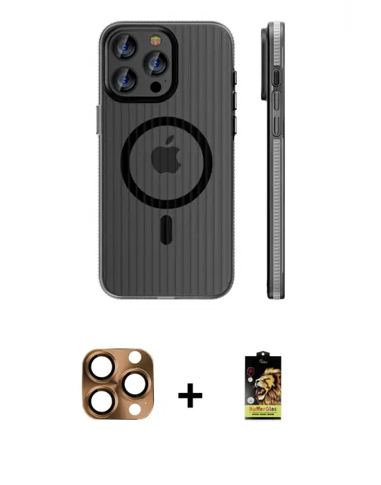 ieg™ iPhone 16 Pro Max Kılıf Pusula Minimal Koleksiyonu - Siyah Buffer Cam Ekran Koruyucu + Pers Alüminyum Kamera Lens - CLTM