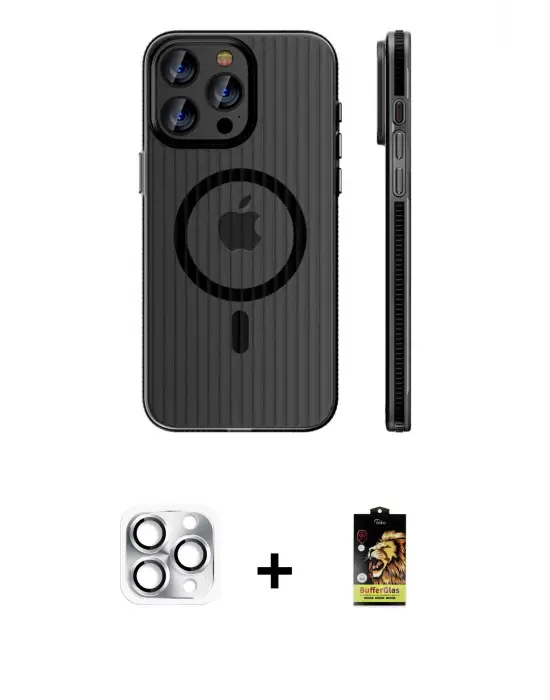 ieg™ iPhone 16 Pro Max Kılıf Pusula Minimal Koleksiyonu - Siyah Buffer Cam Ekran Koruyucu + Pers Alüminyum Kamera Lens - GS