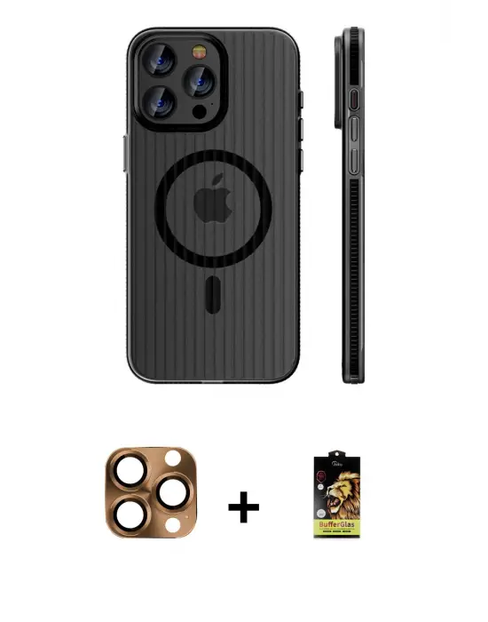 ieg™ iPhone 16 Pro Max Kılıf Pusula Minimal Koleksiyonu - Siyah Buffer Cam Ekran Koruyucu + Pers Alüminyum Kamera Lens - CLTM