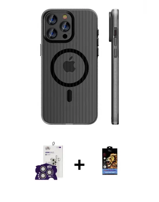 ieg™ iPhone 16 Pro Max Kılıf Pusula Minimal Koleksiyonu - Siyah Buffer Hayalet Cam Ekran Koruyucu + Bilvis Titan Kamera Lens - GS