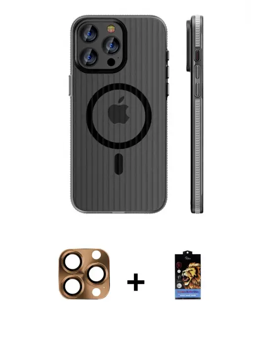 ieg™ iPhone 16 Pro Max Kılıf Pusula Minimal Koleksiyonu - Siyah Buffer Hayalet Cam Ekran Koruyucu + Pers Alüminyum Kamera Lens - CLTM
