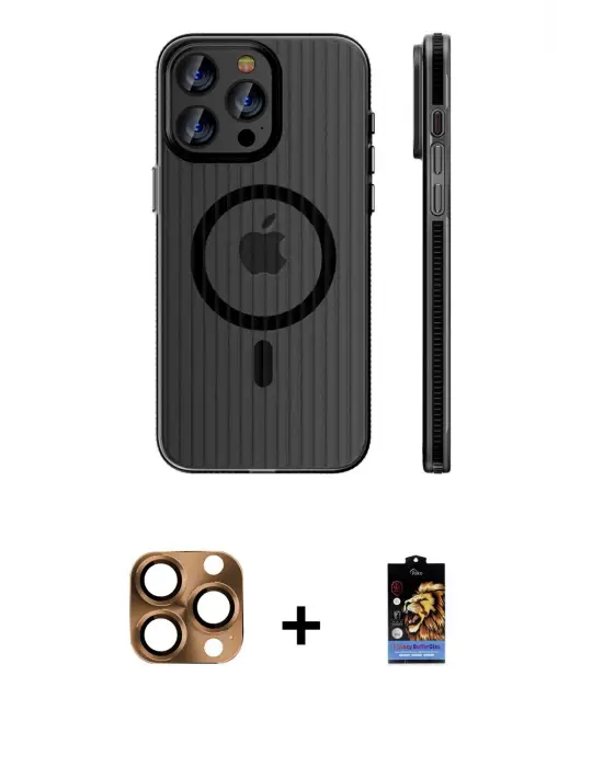 ieg™ iPhone 16 Pro Max Kılıf Pusula Minimal Koleksiyonu - Siyah Buffer Hayalet Cam Ekran Koruyucu + Pers Alüminyum Kamera Lens - CLTM