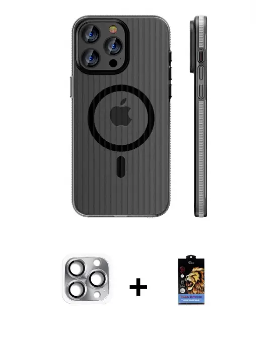 ieg™ iPhone 16 Pro Max Kılıf Pusula Minimal Koleksiyonu - Siyah Buffer Hayalet Cam Ekran Koruyucu + Pers Alüminyum Kamera Lens - GI