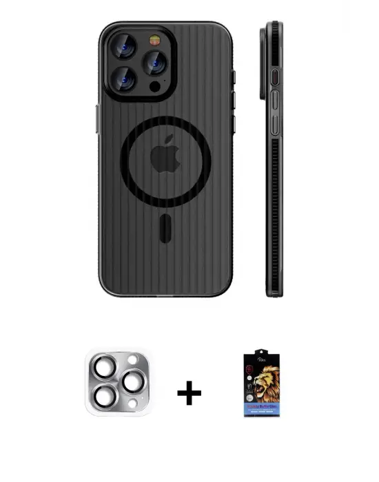 ieg™ iPhone 16 Pro Max Kılıf Pusula Minimal Koleksiyonu - Siyah Buffer Hayalet Cam Ekran Koruyucu + Pers Alüminyum Kamera Lens - GI