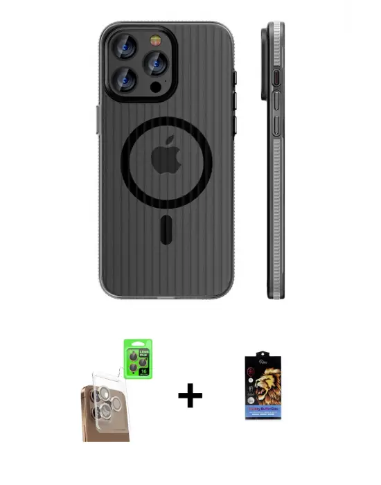 ieg™ iPhone 16 Pro Max Kılıf Pusula Minimal Koleksiyonu - Siyah Buffer Hayalet Cam Ekran Koruyucu + Raze Metal Kamera Lens - CLTM