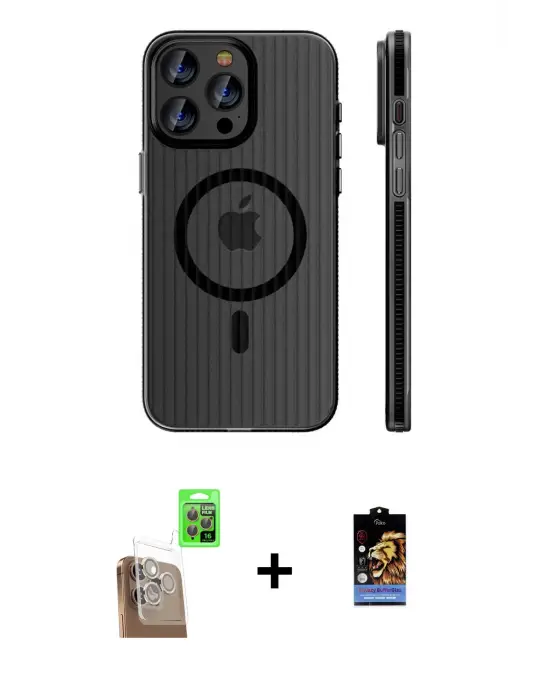 ieg™ iPhone 16 Pro Max Kılıf Pusula Minimal Koleksiyonu - Siyah Buffer Hayalet Cam Ekran Koruyucu + Raze Metal Kamera Lens - CLTM
