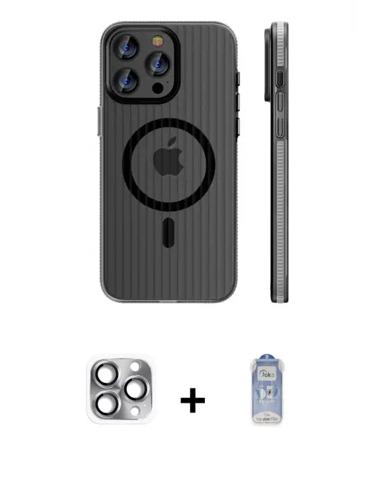 ieg™ iPhone 16 Pro Max Kılıf Pusula Minimal Koleksiyonu - Siyah Joko Magic 5D Cam + Pers Alüminyum Kamera Lens - GI