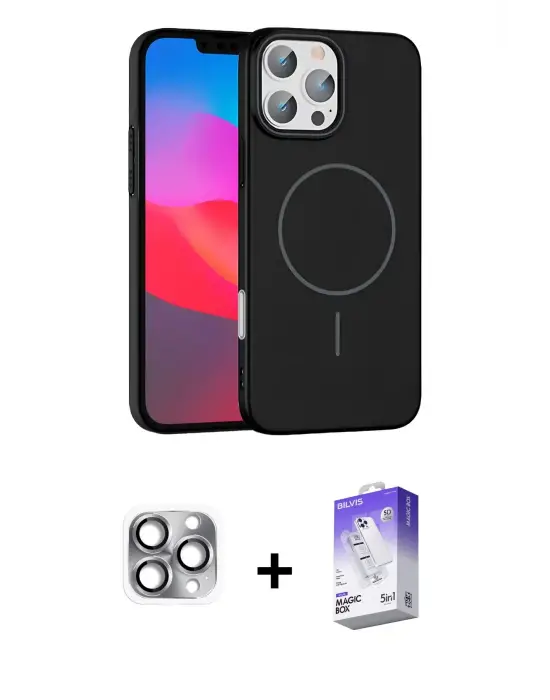 ieg™ iPhone 16 Pro Max Kılıf Siluet Doku Özel Seri - Siyah Bilvis 5in1 3D Magic Cam Ekran Koruyucu + Pers Alüminyum Kamera Lens - GI