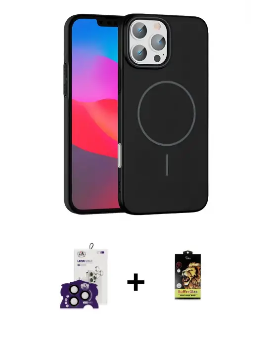 ieg™ iPhone 16 Pro Max Kılıf Siluet Doku Özel Seri - Siyah Buffer Cam Ekran Koruyucu + Bilvis Titan Kamera Lens - SH